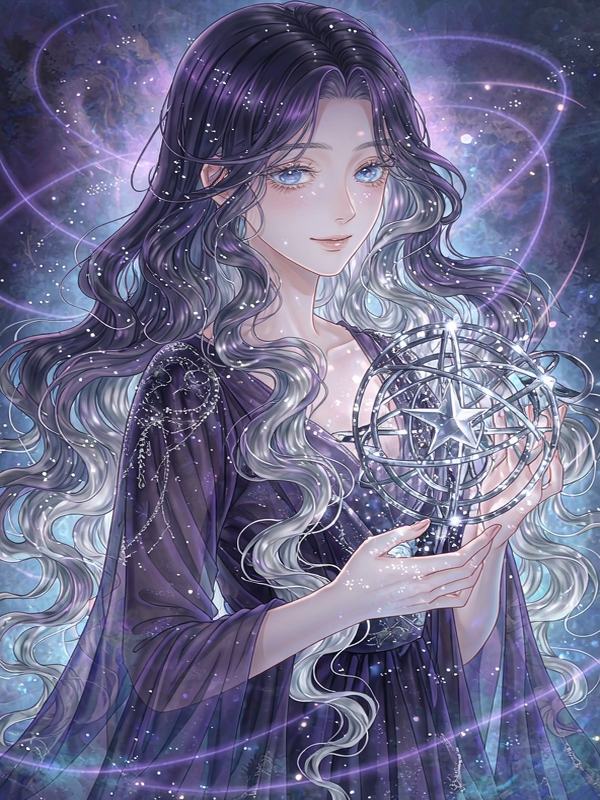 角色苏晚的形象：紫银渐变长卷发的占星师，手持发光水晶星盘，穿深紫色薄纱长袍，背景是淡紫星云与星轨光环