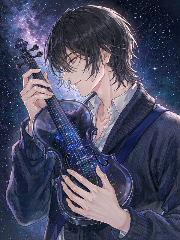 角色阿澈的形象：黑色微长发年轻男性琴师，怀抱内部有星河流动的深蓝透明星弦小提琴，穿深蓝针织外套，背景是星尘与淡紫星云